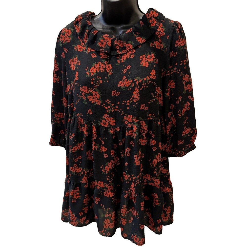 Zara Womens Floral Mini Dress Size M Tiered Ruffle Zip Back 3/4 Sleeve Black Red